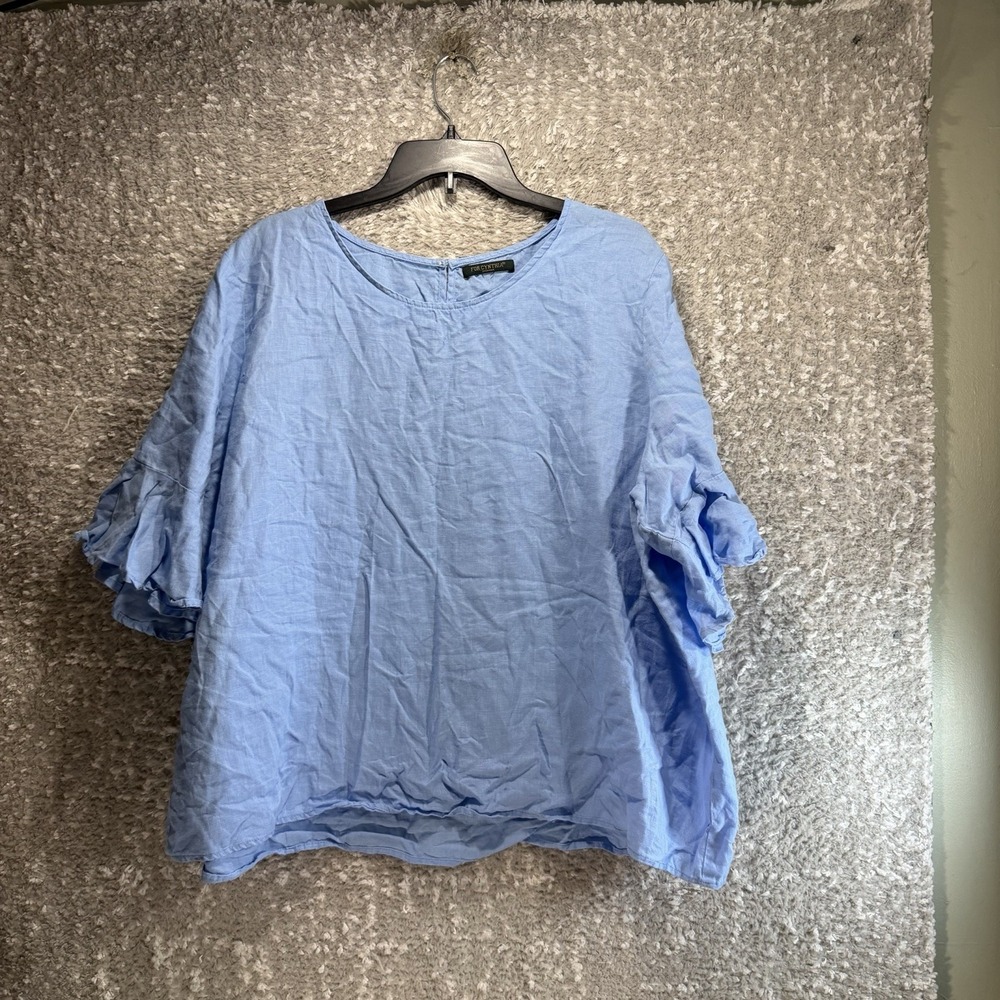 For Cynthia Top L Blue Linen Ruffle Bell Sleeve Lagenlook Boxy Fit Coastal Beach